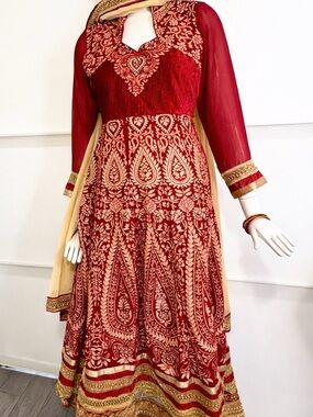 💎 DESIGNER Luxury Anarkali Suit Red Velvet Gold 3Piece Formal Eid Wedding Sz S M